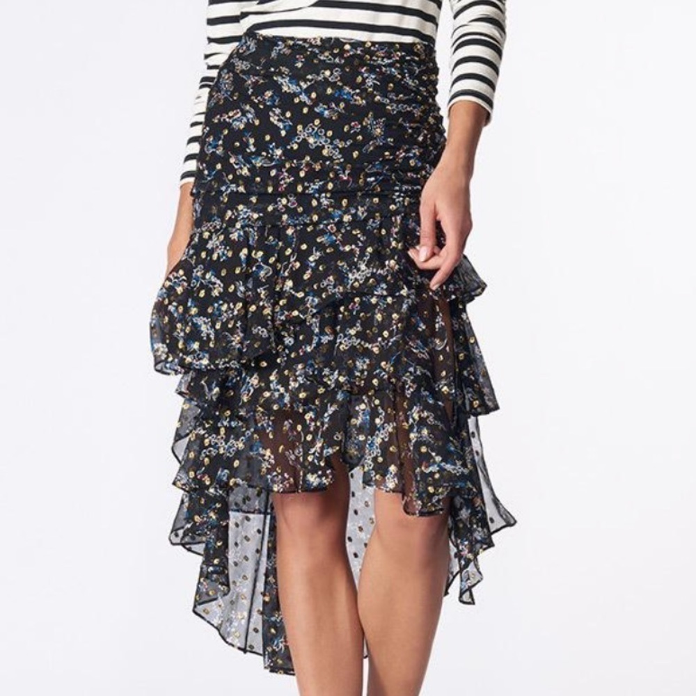 Veronica Beard- Black Ruffle Silk Midi Floral Skirt